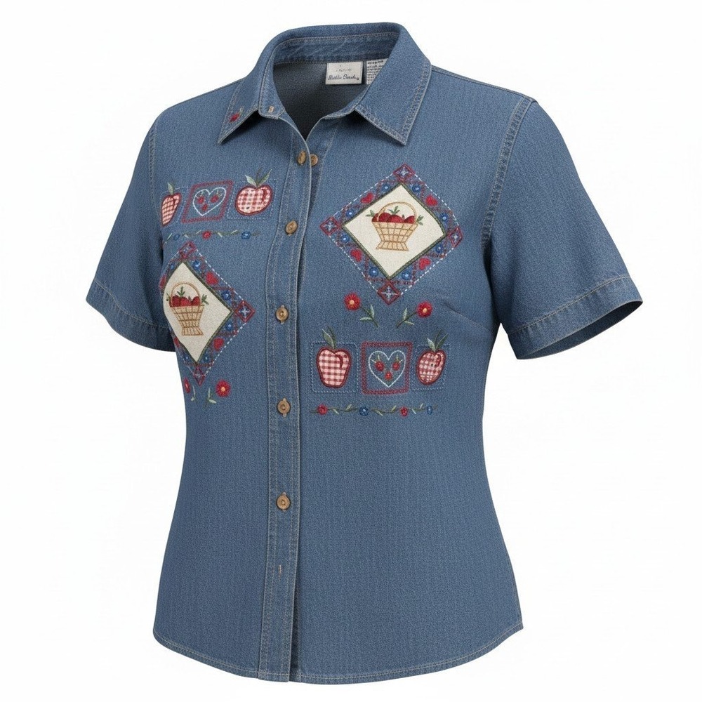 Bobbie Brooks Womens Medium Denim Shirt Embroidered Apple Basket Heart Blue Top